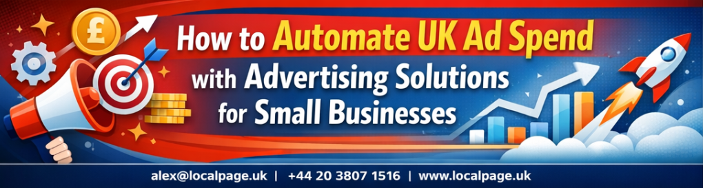 Automate UK ad spend banner showing digital marketing analytics dashboard with UK skyline and advertising icons for small business growth