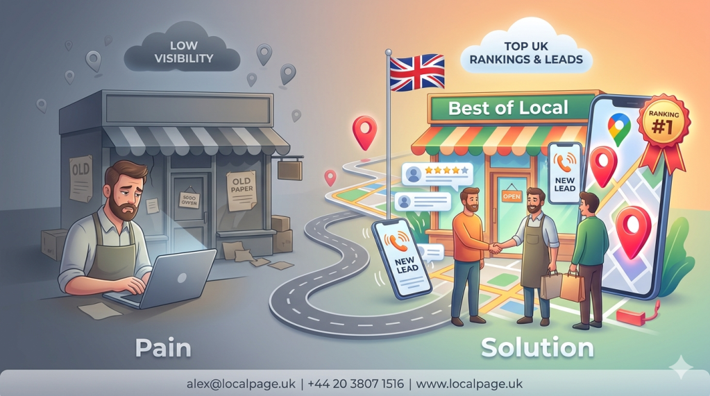 A 3D vector illustration depicting a small business owner's journey from being overwhelmed and confused about online visibility to thriving and successful after implementing effective Google Business Profile optimisation.
