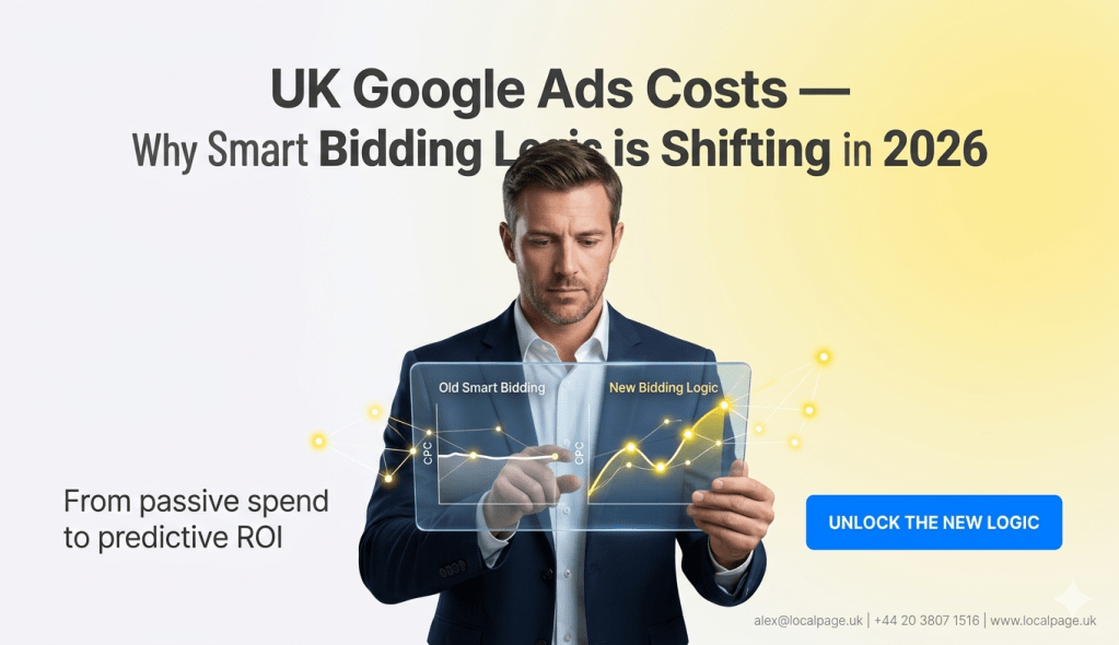 A premium, Apple-style landscape visualization showing a modern UK business owner comparing 'Old Smart Bidding' vs 'New Bidding Logic' CPC trends on a transparent futuristic tablet, set against a soft white to pale yellow gradient, including a "Unlock the New Logic" button and LocalPage.uk contact information.